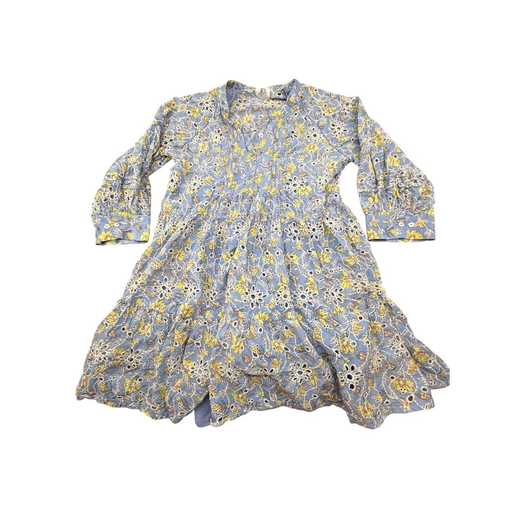 dRA Los Angeles Floral Eyelet Mini Dress Blue Yellow Cotton Tiered  Lg boho